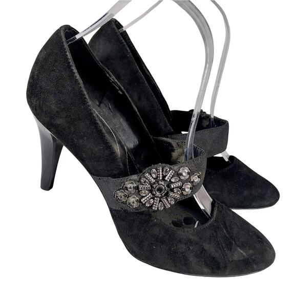 NWOT! TAHARI! BLACK GENUINE SUEDE LEATHER W/PATENT HEEL, BEADED DETAIL HEELS! 8M - Picture 1 of 11